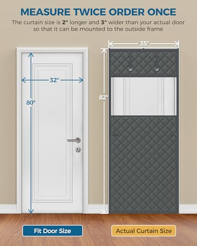 Image of Augblinds Thermal Insulated Door Curtain Fits Door Size 32 x 80 Inch, Oxford Cloth Thicken Cotton Fiber, Curtain Size 35 inch x 82 inch, Single Piece Screen Insulation Cover to Keep Warm, with Clear Windows