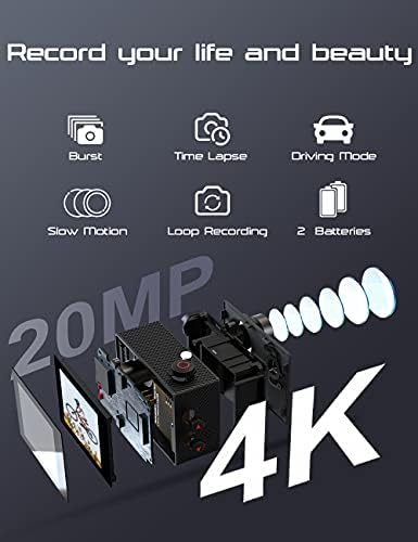 Apexcam 4K Action Camera 20MP 40M Waterproof Sports Camera for Vlog With Ultra HD 170°Wide-Angle 2.4G Remote Control 2 Rechargeable Batteries 2.0'' LCD Screen and Accessories Kit