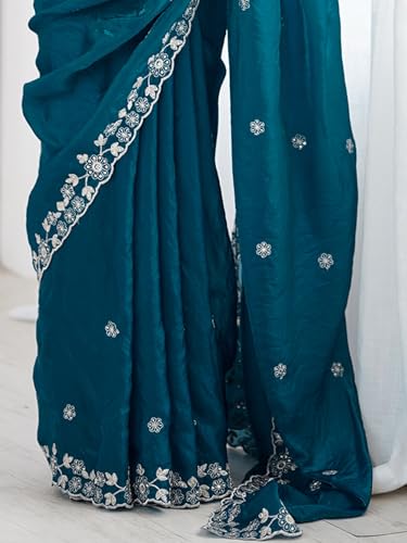 Image of Satrani Women's Tissue Silk Scalloped Border Sequins Embroidery Saree with Unstitched Blouse Piece