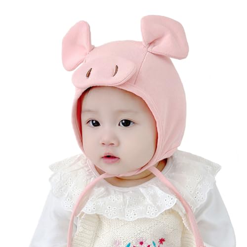 XNDZ Baby Infant Cotton Beanie Hat Newborn Cute Earflap Hat Spring Autumn Warm Hats with Ears Chin Strap for 0-12 Months Baby Girls (Pink Pig)