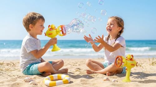 Image of 2-in-1 Automatic Bubble Maker Submarine Toy Gun & Mini Fan Toy for Kids | Cute Duck Bubble Blower Machine with Powerful Motor | Outdoor Summer Play Toy, LED Bubble Gun, Fun Party Gift for Boys