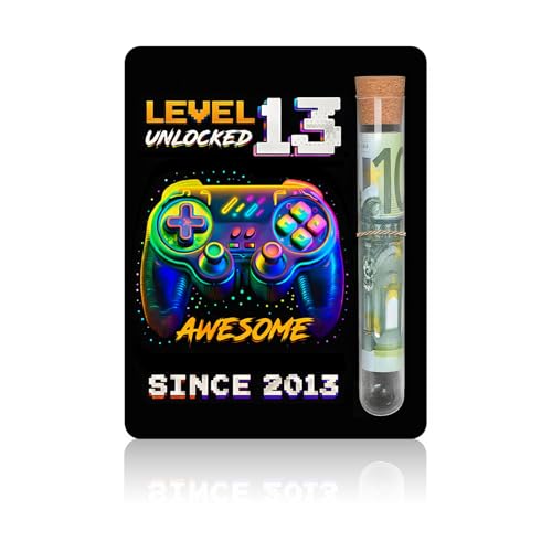 RgitFzi Geldgeschenk 13. Geburtstag Junge Holz Gamer Level 13 Unlocked Awesome Since 2013 hölzerne Karte mit Reagenzglas und Box geldgeschenke geburtstag für Teenager Deko Zubehör 13x10cm
