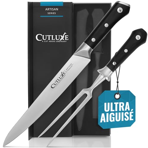Cutluxe Ensemble de couteaux à découper pour la dinde - Couteau et fourchette pour viande, brisket, BBQ - Lame en acier allemand affûtée - Soie complète, poignée ergonomique - Série Artisan