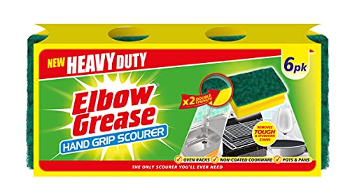 Elbow Grease Hand Grip Scourer - Heavy Duty | Suitable for Oven Racks, Non-Coated Cookware, Pots & Pans - Double Strength | Removes Tough and Stubborn Stains - Washing Up Sponge (6 Pack Yellow/Green)