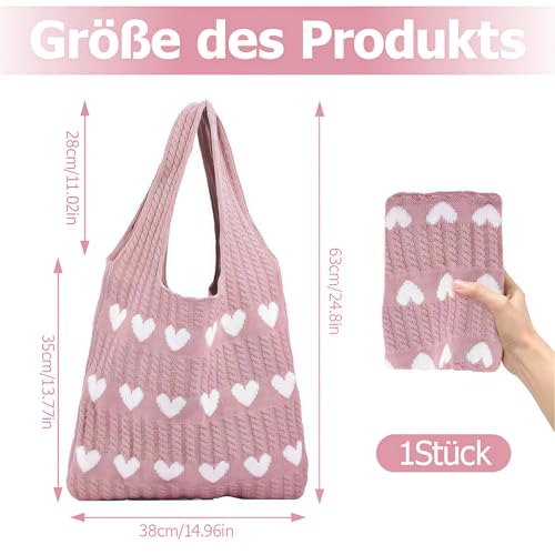 Kozdtiz Gestrickte UmhäNgetasche, 63 x 38 cm Gehäkelte Tragetasche, Tasche Crochet Bag, HerzföRmige Strandtasche, Aesthetic Gehäkelte Tasche Crochet Bag für Arbeit Reisen Schule und Einkaufe Rosa