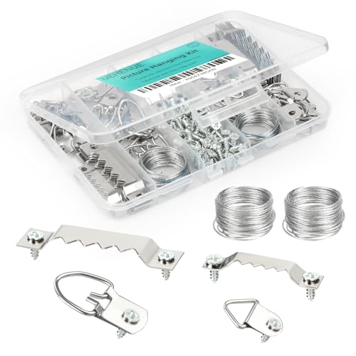 UEHENUE 251Pcs Picture Hanging Kit Include 50 Sawtooth Picture Hangers 50 D Rings 150 Screws and 3.6m Wire Ropes Heavy Duty Picture Frame Hanging Hardware for Wall Artworks Frame Canvas Mounting
