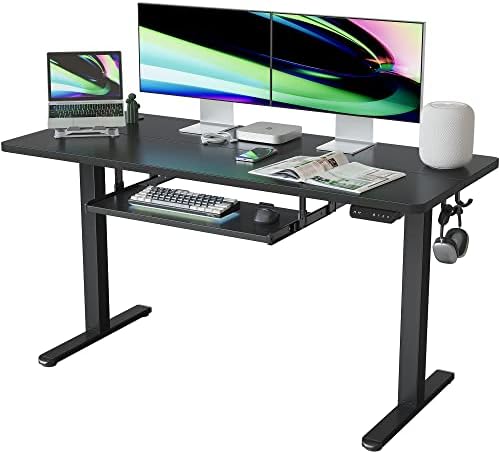 FEZIBO Height Adjustable Electric Standing Desk with Keyboard Tray, 120 x 60 cm Sit Stand up Desk with Splice Board, Black Frame/Rustic Brown Top