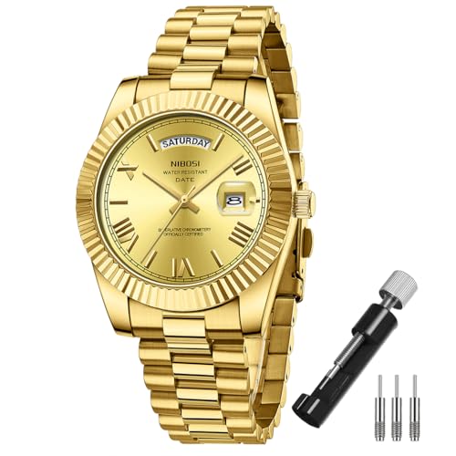 NIBOSI 腕時計 メンズ おしゃれ ビジネス ステンレス うで時計 紳士 防水 アナログ メタルバンド カジュアル 日付 男性用 時計 クラシック 高級 プレゼントゴールド Wach for Men