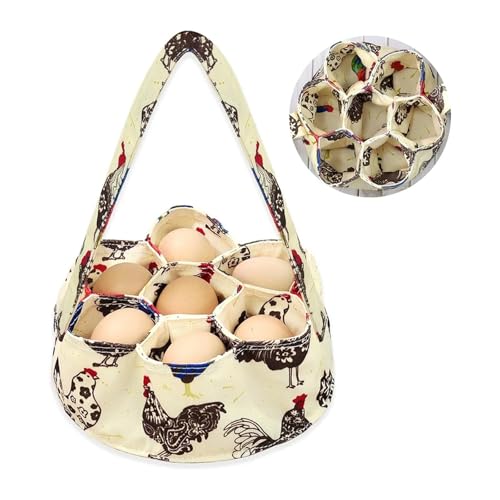 Ziyonix Eier Sammelkorb, Mini Eiersammelkorb mit 7 Beuteln Strapazierfähige Segeltuch Eierkörbe Tragbare Eiersammelbeuteln für Hühnerstall Frische Hühner Ente Gans Eier, Hausfrau Geschenk, 20cm, Beige