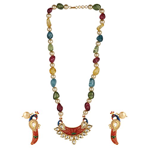 Efulgenz Indian Bollywood Kundan Pendant Tourmaline Pearl Beaded Bridal Necklace Earrings Wedding Jewelry Set Women