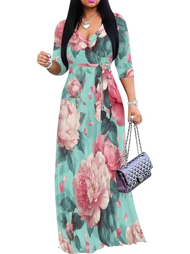 Image of SUZONANA Plus Size Dresses for Women Floral Print Maxi Dress Flowy 3 /4 Sleeve with Belt