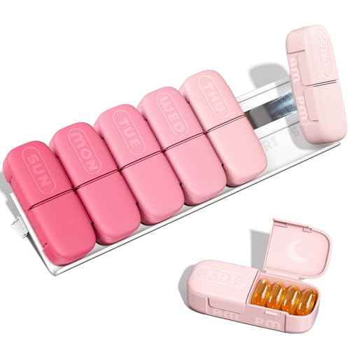 Daviky Magnetic Pill Organizer 2 Times a Day Weekly AM PM Pill Case Pill Box 7 Day with Magnets and Stand Large Medicine Organizer for Medication Vitamins and Supplements Gradient Pink