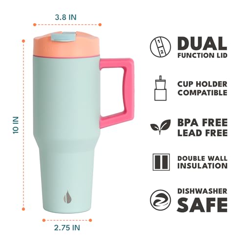 Image of Elemental 100% Leak Proof 32oz Tumbler with Handle & Straw Travel Mug | Stainless Steel Double Wall Insulated Tumbler for Hot and Cold Beverages with Sip & Straw Lid