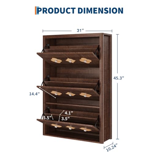 Image of GarveeHome Shoe Storage Cabinet with 3 Flip Drawers & Adjustable Shelves | Floral Pattern, Shoe Cabinet for Entryway, Hallway, Living Room, Narrow Wooden Shoe Cabinet, Brown