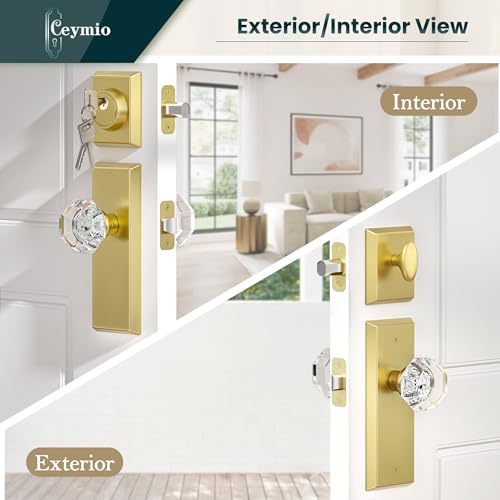 Image of Glass Door Knobs with Single Cylinder Deadbolt Lock Set - Brushed Gold Crystal Passage Knob for Interior /Exterior Doors - Vintage Diamond Bedroom Bathroom Closet Handles
