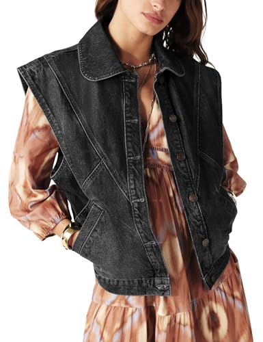 Tanming Women's Denim Vest Cap Sleeve Casual Jean Jacket Oversized Button Down Jean Waistcoat