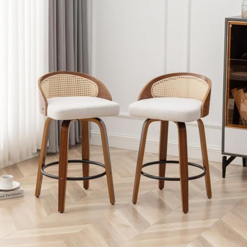 Image of Swivel Rattan Bar Stools with Back Beige Linen Fabric Bar Height Stools 3PC
