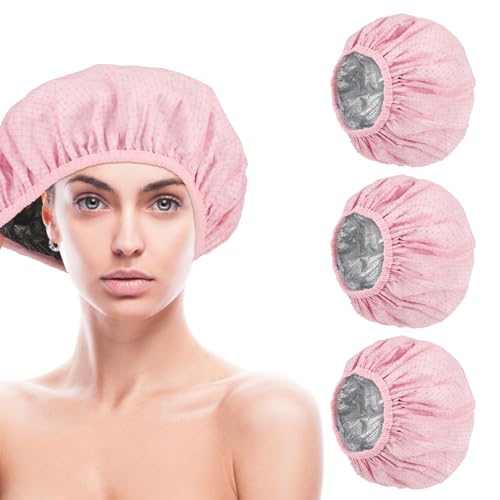 4 tapas acondicionadoras de calor para acondicionamiento profundo, vaporizador de cabello rosa para acondicionamiento profundo, gorro de secador de pelo, reutilizable, calentado, gorro de ducha para