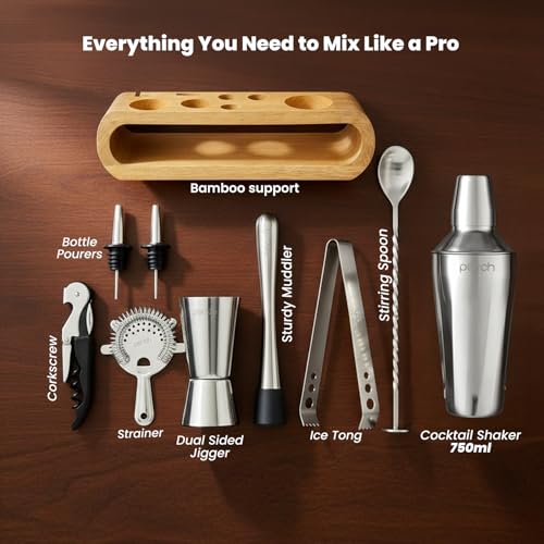 Image of O' Holic by Perch 10-Piece Bartender Kit with Mango Wooden Stand|Cocktail Shaker Gift Set with Jigger,Strainer,Spoon,Muddler, Pourers, Tongs & Corkscrew|Home Bar Accessories for Mixing Drinks (Silver)