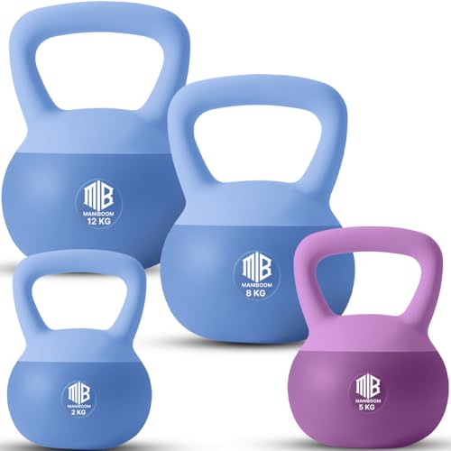 ManiBoom Pesas Rusas PVC SUAVE 2 kilos 3kg 4kg 5kg 6kg 8kg 10kg 12kg - Pesa Rusa Kettlebell Relleno de Arena de Hierro INSONORIZADO con Agarre Grueso ANTIDESLIZANTE - Protege el Suelo (Combo 27kg)
