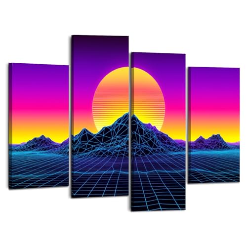 Canvas Wall Art Prints Pictures Synthwave Mountain Landscape Neon Grid Retro Sunset Framed Posters Modern Wall Painting Artwork Gift Home Decor for Living Room Ready to Hang 4 Panel