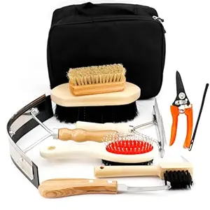 Horse Grooming Kit 8 PCS, Horse Cleaning Tool Set with Upgraded Sweat Scraper, Hoof Pick, Brushes, Comb, Storage Bag, for Horse Owners, Equestrians, Wood Handles, Black