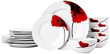 Amazon Basics 18-Piece Kitchen Dinnerware Set, Plates, Dishes, Bowls, Service for 6, Poppy
