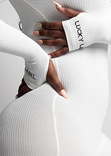 Hilinker Women's Ribbed Knit Long Sleeve Sexy Jumpsuits Zipper Front Solid Bodycon Romper D-White Small #TOP5