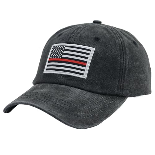 Image of Thin Red Line American Flag Hat, Cotton Adjustable Embroidered Firefighter Baseball Cap for Men Women