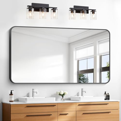 30x55 inch Bathroom Mirror,Black Rectangle Mirror,Wall Mounted Bathroom Frame Vanity Mirror with Round Corner for Bedroom Living Room, Entryway Hangs Horizontal or Vertical by BONEWEI - Used condition - US$71.49