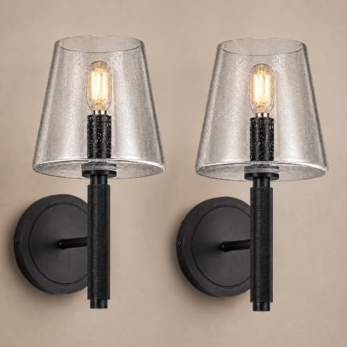 Image of 12 inch Knurled Black Wall Sconces Set of 2,Vintag Bathroom Vanity Light Fixtures with Clear Seeded Glass Shade,Hardwired Lamp Lighting for Bedroom,Living Room,Hallway,Staircase,Mirror