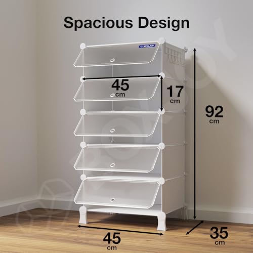 Image of BOXJOY 5 Shelf Shoe Rack Box Organizer with 5 Doors, Strong Magnets & 5 Hook Steel Holder for Home Storage, PP Plastic Cabinets with Metal Frame, Chappal Slipper Stand (White Rack, Translucent Door)