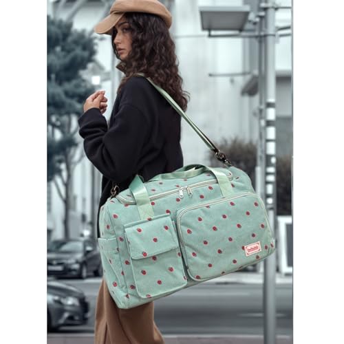 Image of Small Gym Bag for Women, Travel Duffle Bag Carry On Weekender Bag with Shoe Compartment, Strawberry#Green, 11 inch x 19.6 inch x 8.2 inch, Gym Bag&toiletry Bag