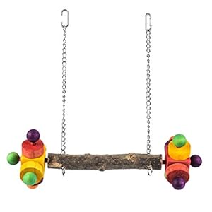 PARROT ESSENTIALS Natural Wood Swing with Double Twirlers – Colourful Wooden Swing for Parrots, Cockatoo, Conure and More – Hanging Toy Pet Swing – Parrot Toy Nest Swing Encourages Foot Exercise