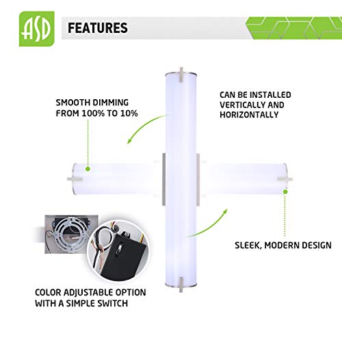 Asd Led Vanity Light Fixture | Frosted Tube Wall Mount Lighting Bar | 24 Inch 25W (70W) 120V 1750Lm 3000K 4000K 5000K Adjustable | Bathroom Cylinder Lamp, Dimmable, Energy Star, Etl | Nickel #TOP3
