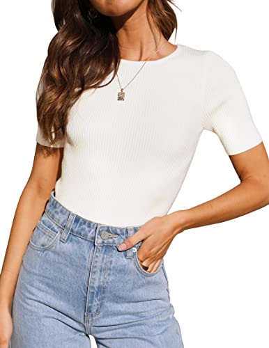 ZESICA Women's Short Sleeve Sweater Tops 2025 Summer Crewneck T Shirt Ribbed Knit Slim Fit Basic...