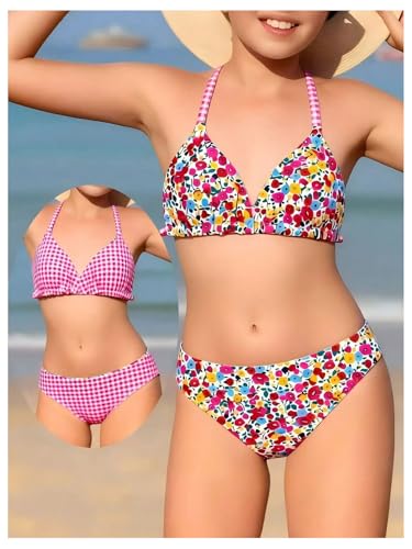 Image of BEAUDRM Girl's 2 Piece Floral Print Swimsuits Halter Triangle Bikini Boho High Waisted Bathing Suit