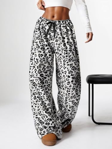 Image of VCM Leopard Print Pants Y2k High Waisted Baggy Trousers Drawstring Fluffy Cheetah Fuzzy Pajama Sleepwear