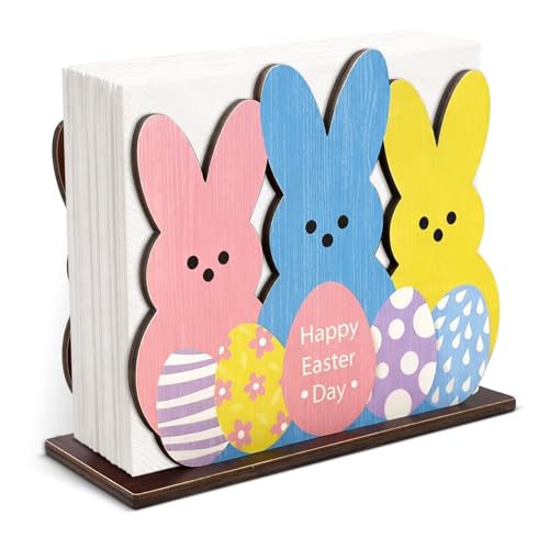 Easter Napkin Holder Cute Peep Bunny Wooden Napkin Holder for Table Farmhouse Spring Easter Tissue Dispenser Decorations for Kitchen Dining Party Restaurant
