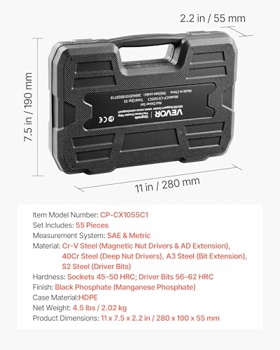 Image of VEVOR Master Magnetic Impact Nut Driver Set 55PCS, Metric & SAE Sizes, with Socket Adapters, Bit Holder, Wing Nut Driver, Pivoting Nutsetter, Quick Release Extension, Power Bits, Storage Box