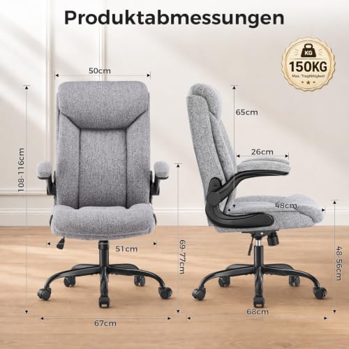 MZLEE Ergonomischer Bürostuhl Grau Stoff, für Arbeitszimmer & Home‑Office | Chefsessel 150 kg...