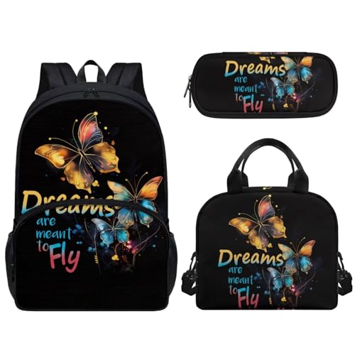 Set di 3 borse per la scuola per bambini e ragazze grande capacità con cerniera a spalla contenitore per il pranzo a tenuta stagna portapranzo Farfalla colorata.