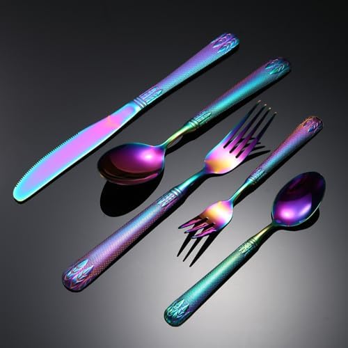 20-Piece Gold Stainless Steel Flatware Set, 304 Steel Cutlery for 4, Includes Thick Steak Knives, Dinner Knives, Forks & Spoons, Rainbow 5-Piece Set, Durable & Elegant Design