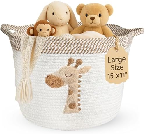 Giraffe Storage Basket for Nursery – Large 15”x11” Cotton Rope Bi...