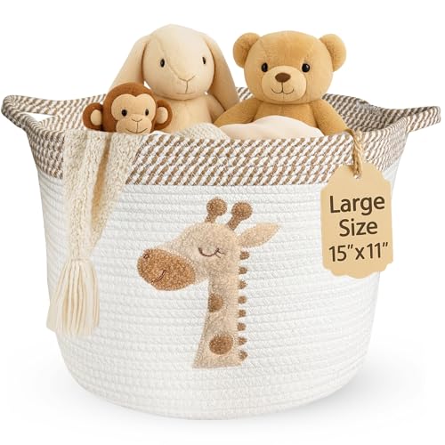 Giraffe Storage Basket for Nursery – Large 15”x11” Cotton Rope Bin with Soft Felt Animal Patch – Toy Organizer, Baby Laundry Hamper, Diaper &...