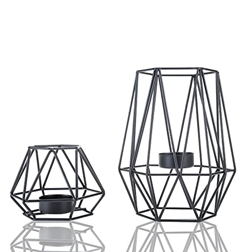HighFree Metal Wire Iron Tealight Candle Holders for Tables Decor Living Room Bathroom Decorations Gold Geometric Shape Holders Set of 2 (Black)