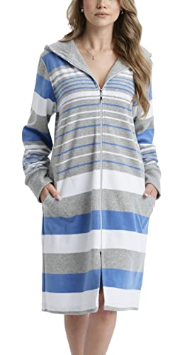Aquarti Damen Frottee Bademantel Morgenmantel Gestreift mit Kapuze, Farbe: Dunkelblau, Größe: XXL