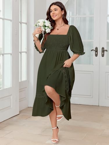Image of SCOMCHIC Women's Plus Size Boho Maxi Dress Short Sleeve Square Neck Smocked Flowy A-Line Lace Trim Wedding Guest Dresses