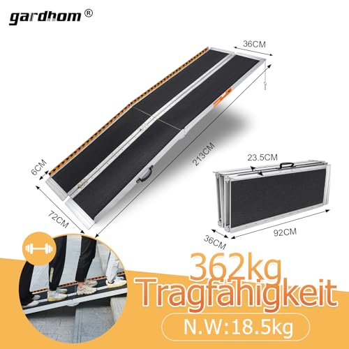 Rollstuhlrampe 213,5CM, gardhom Max. 362KG Ladekapazität Anti-Rutsch Alu Klapprampe für Rollstuhlfahrer oder Rollator, Schwellenrampe für Heimtreppen Treppen Türen Mobilitätsroller