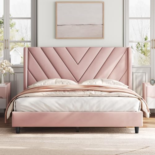 Image of Yaheetech Queen Bed Frame Upholstered Platform Bed /Wooden Slat Support /Tufted Headboard with Wing Side /Mattress Foundation /No Box Spring Needed,Pink Queen